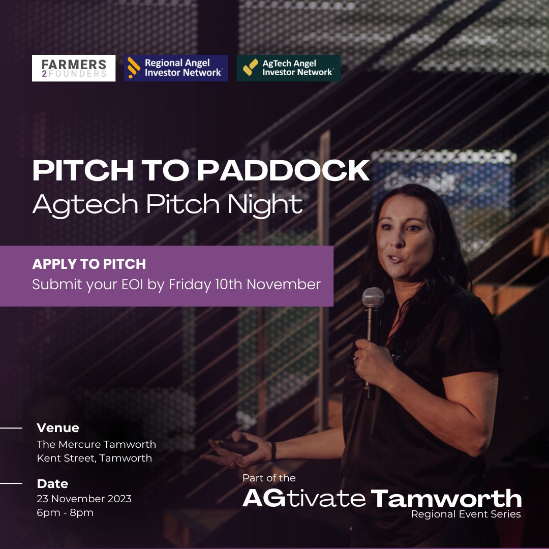 🎤 Join us for the "Pitch To Paddock" session, offering regional agtech startups a golden opportunity to connect directly with potential investors.

🔗 Register to pitch by 10 Nov: agtechangels.com.au/agtech-apply-t…

#startup #funding #smartfarmer #yfbp #aussieag #regionalnsw #agchatoz