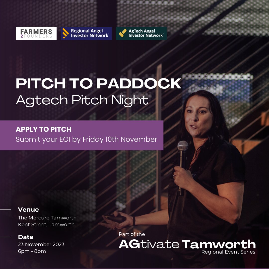 🎤 Join us for the 'Pitch To Paddock' session, offering regional agtech startups a golden opportunity to connect directly with potential investors. 🔗 Register to pitch by 10 Nov: agtechangels.com.au/agtech-apply-t… #startup #funding #smartfarmer #yfbp #aussieag #regionalnsw #agchatoz