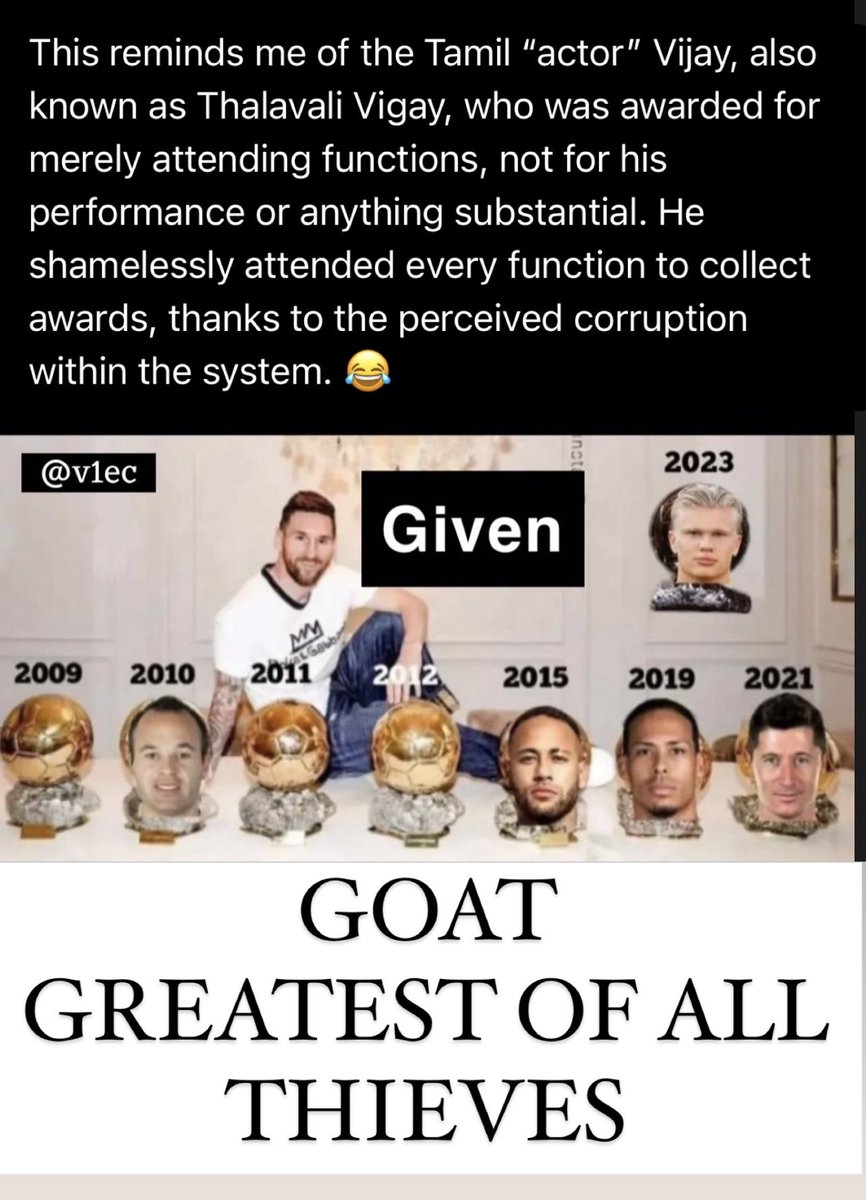 To_MakeYouThink's tweet photo. #BallonDor #GOAT #Thief #Stolen #Robbed #ErlingHaaland #Haaland #ballondor2023 #Vijay #leo #greatestofallthieves #Messi #CR7𓃵 https://t.co/g0Wwm1PMft