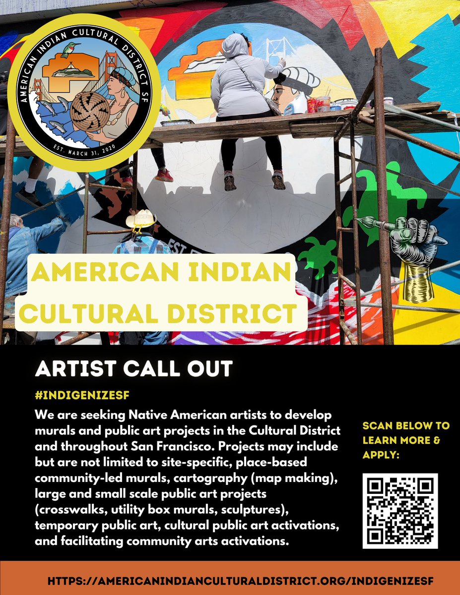 aicdsf's tweet image. American Indian Cultural District Call For Artists! 
We are seeking Native American artists to develop murals and public art projects in the Cultural District!

To apply &amp;amp; learn more visit: bit.ly/3Qza7MB #IndigenizeSF