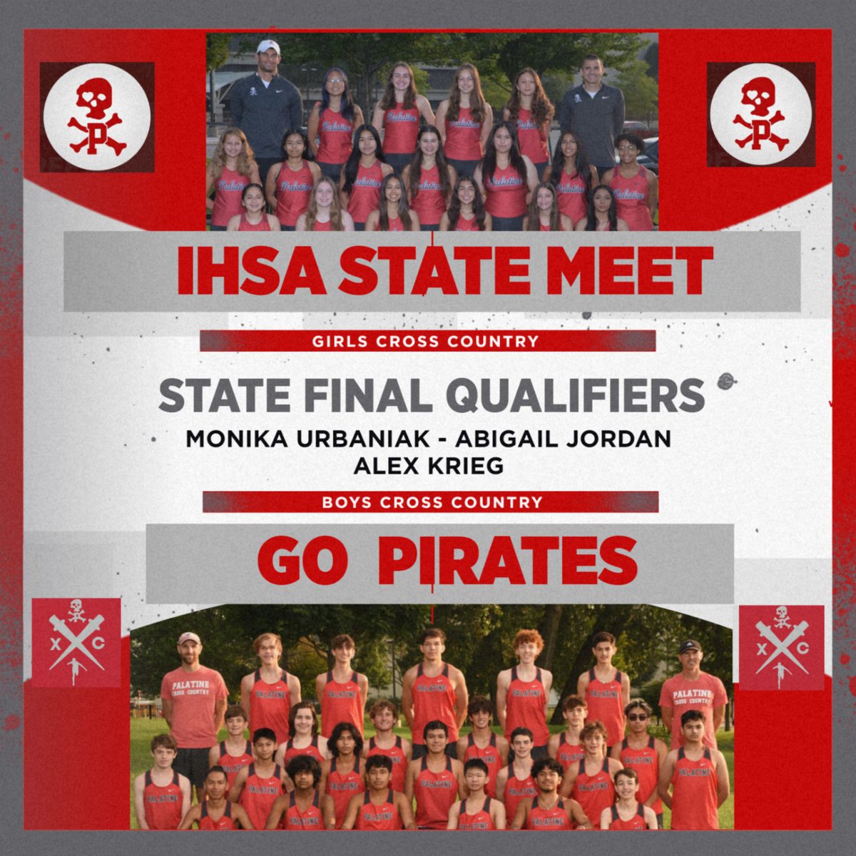 Congrats to our Cross Country Runners who qualified for the IHSA State Meet. Monika Urbaniak Abigail Jordan and Alex Krieg made the mark at Sectionals and will represent Palatine on Saturday at Detweiller Park in Peoria. Girls Race at 10:00 Boys Ract at 11:00 GO PIRATES!