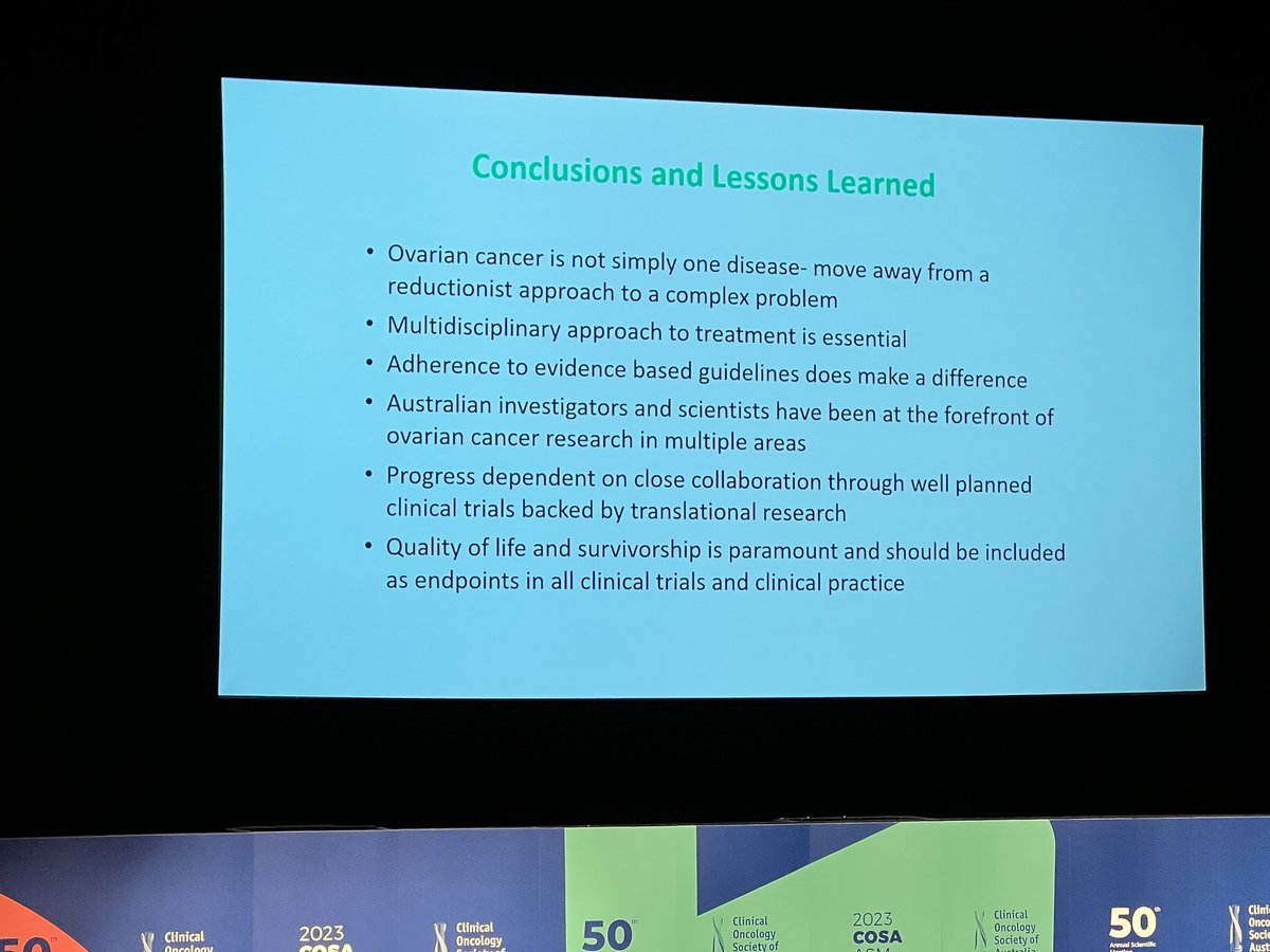 What a fantastic opening plenary by Prof Friedlander  #COSA2023. The recognition of the complexity of #ovariancancer and adapting to the ever evolving understanding and treatment options. Molecular testing is essential. Personalised care essential. @RareCancers