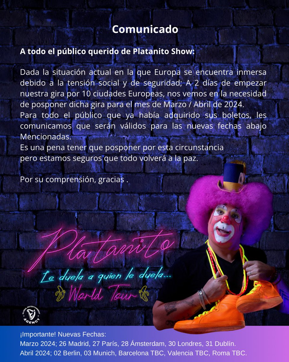 De parte de toda la producción de Platanito Show lamentamos mucho los inconvenientes. 
¡Nos vemos pronto!