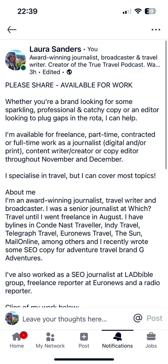 PLEASE SHARE - AVAILABLE FOR WORK…

Journalist/broadcaster 
Social media
Copy/content writer 
Copy editor 
B2C &amp; B2B

See details in my LinkedIn post 👇 

Portfolio is in bio 🙌
