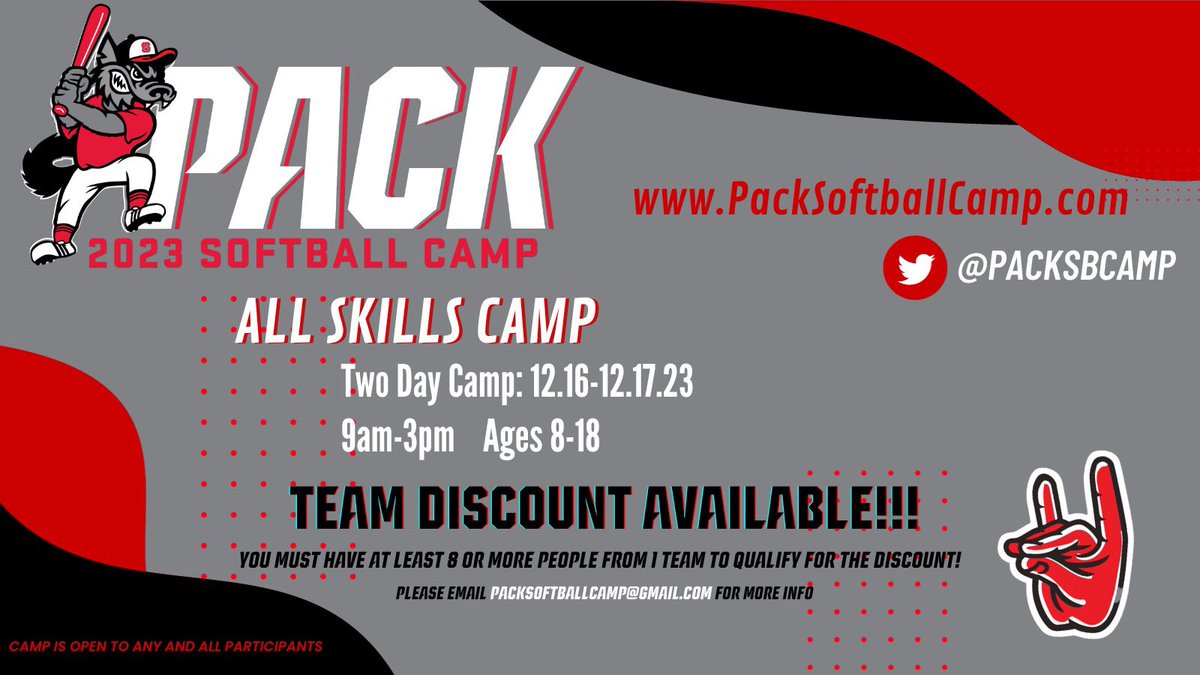 🚨 TEAM DISCOUNT 🚨 If you have 8 or more people from your team wanting to come to camp please email packsoftballcamp@gmail.com to receive steps to register!