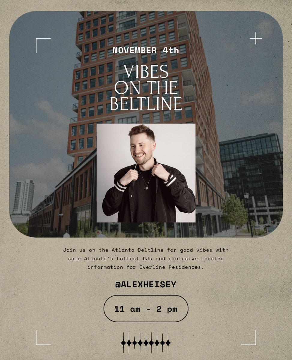 You’re Invited:

Join us this Saturday November 4th on the @AtlantaBeltLine for #VibesOnTheBeltline with DJ <a href="/alexheisey/">alexheisey</a>.

We’ll be situated nicely at #OverlineResdiences for all the fun.

11 AM - 12 PM // Live DJ 

We hope to see you there.
#Atlanta #ATLWeekends #TheCommunalGroup