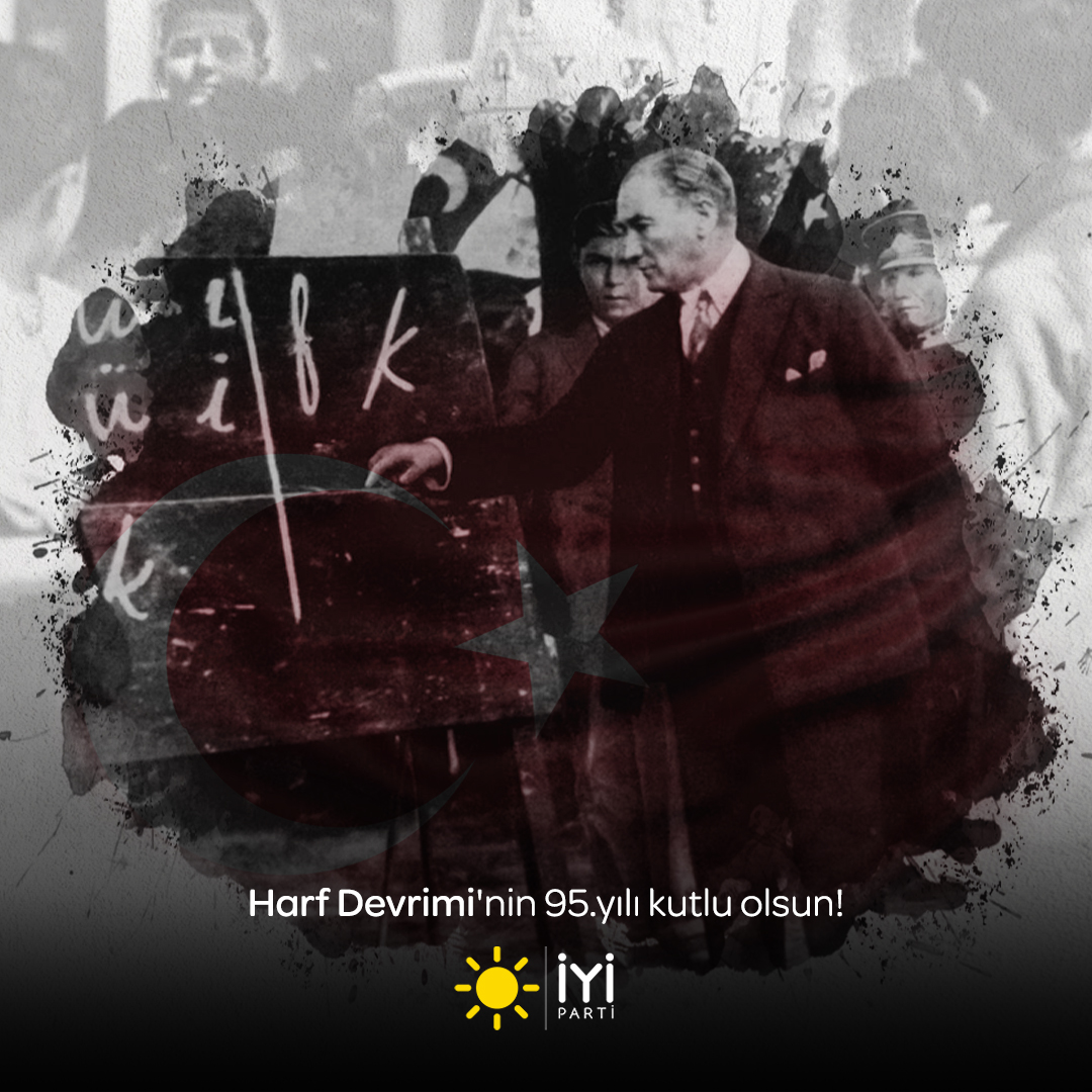 iyiparti's tweet photo. Cumhuriyetimizin en büyük kazanımlarından biri olan #HarfDevrimi'nin 95. yılı kutlu olsun!

Türkçe düşünen ve Türkçe konuşan milletimize;

Türkçe yazmanın anahtarını hediye eden Gazi Mustafa Kemal Atatürk'ümüzü saygı, rahmet ve minnetle anıyoruz... https://t.co/CbLEiTq7S1