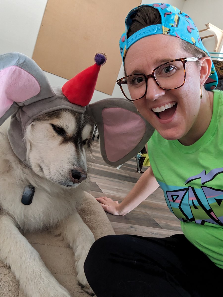mapbosse's tweet image. wishing those who are celebrating a safe and fun Halloween

sincerely, 
me, my 80s themed hat from Spirit Halloween, and my unimpressed Dumbo