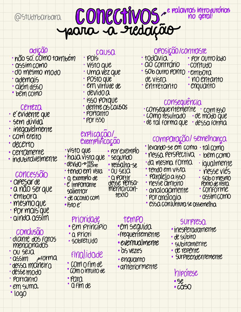 studybarbara's tweet image. MEGA COMPILADO de conectivos e palavras pra começar as frases em redações dissertativas argumentativas (modelo do enem)!! 💜