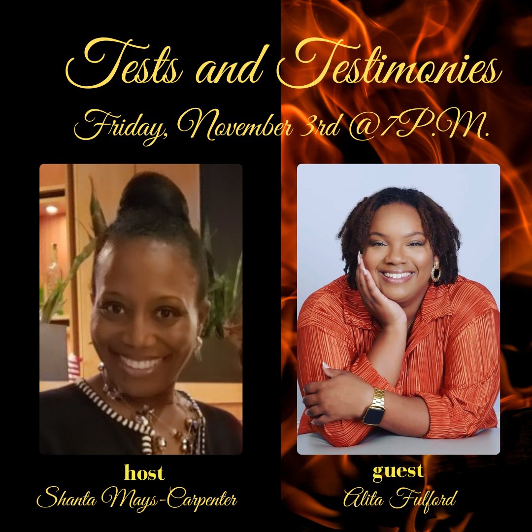 TALKLIKEGOD's tweet photo. Watch Alita Fulford @HTBFriends share a testimony on "Tests and Testimonies" w/Shanta Mays-Carpenter Friday, November 3rd @7PM EST.
.
.
.
#TestsandTestimonies #season3 #whatGoddid #overcomer #November2023 #TalkLikeGod https://t.co/C8pU2UMr6L