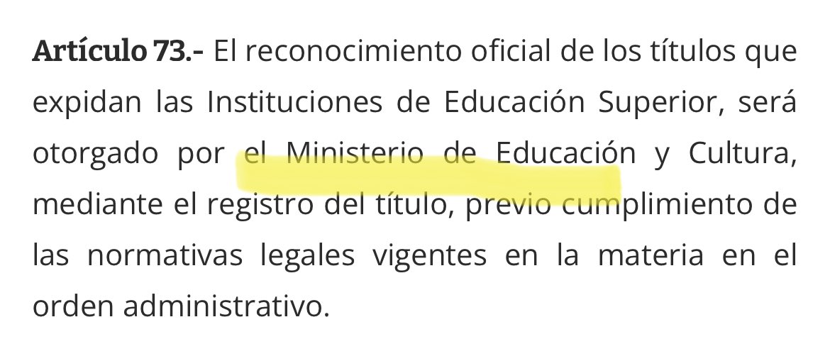EverVillalba_Py's tweet photo. Por más que el Ministerio de Educación quiera eludir responsabilidad en la sospecha de títulos falsos, no puede hacerlo por las siguientes razones:
1. El Ministerio es el responsable de todo el sistema educativo nacional.
2. El Ministro de Educación, o su representante, es miembro nato del CONES y, por lo tanto, tiene responsabilidad en todas las decisiones del Consejo.
3. El MEC forma parte del Consejo Directivo de la ANEAES, por lo tanto, tiene responsabilidad en la acreditación o no de cada carrera.
4. Según los artículos 55 y 73 de la ley 4995, el MEC tiene toda la responsabilidad sobre los antecedentes académicos de los estudiantes.
5. El MEC, como miembro nato del CONES, nunca exigió el cumplimiento del artículo 84 de la 4995 referente a la transparencia académica.

No más improvisación por el  desconocimiento de las normativas vigentes. Las universidades no bancos, por lo tanto no necesitan de una superintendencia.