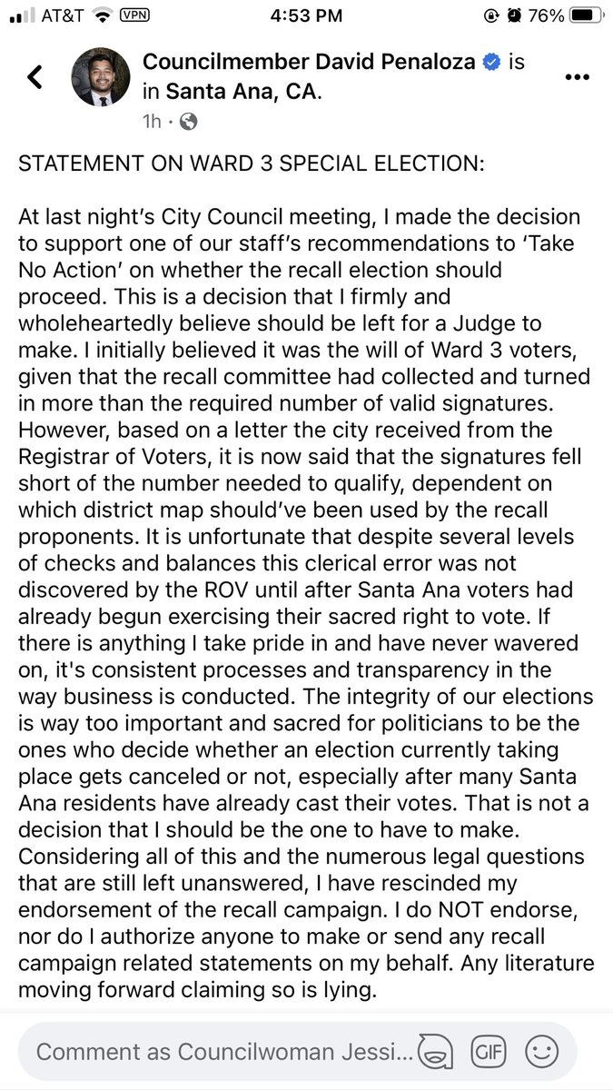 David Paneloza refused to give his own constituents the right to vote last night. 

Let's break his FB statement down.