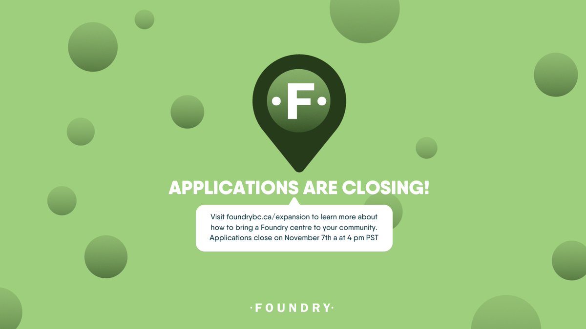 Foundrybc's tweet photo. Applications are closing soon! Foundry is expanding & your community could be the next location.
Apply today by visiting foundrybc/expansion - applications close on November 7th at 4 pm PST!
#FoundryBC #Foundry #ApplicationsClosing #YouthMentalHealth https://t.co/NP9MCkaxkU