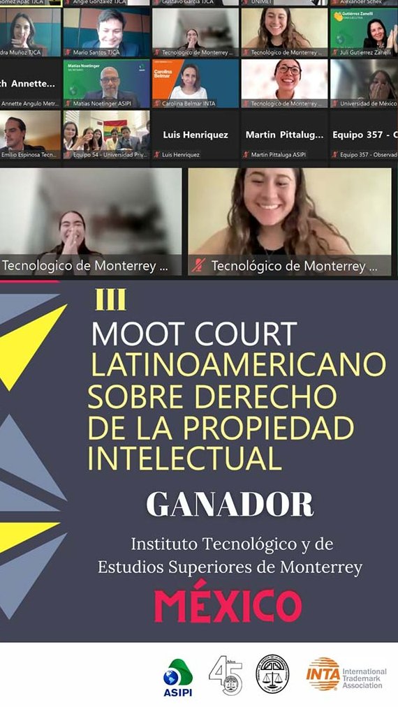 ¡Enhorabuena! Felicitaciones al equipo de estudiantes del Instituto Tecnológico y de Estudios Superiores de Monterrey (México) por ser el ganador del III #MootCourt Latinoamericano de #PropiedadIntelectual, organizado por el <a href="/TJCA_oficial/">Tribunal de Justicia de la Comunidad Andina</a>, ASIPI e <a href="/INTA/">International Trademark Association (INTA)</a>