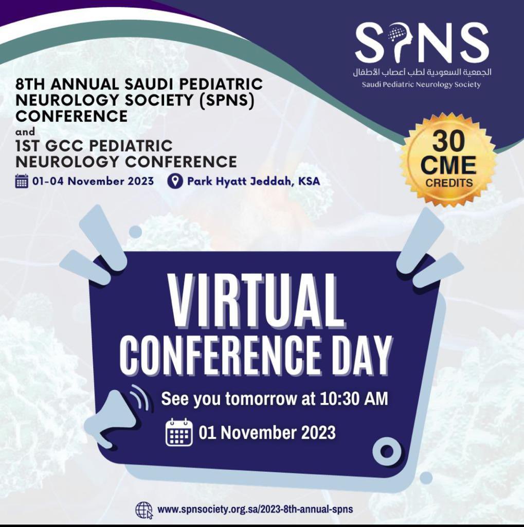 SPNSKSA's tweet photo. Counting down the hours! Join us virtually tomorrow at 10:30 AM for the kickoff of the 8th Annual Saudi Pediatric Neurology Conference and 1st GCC Pediatric Neurology Conference. Let the learning begin! https://t.co/UVRYPmgC5E