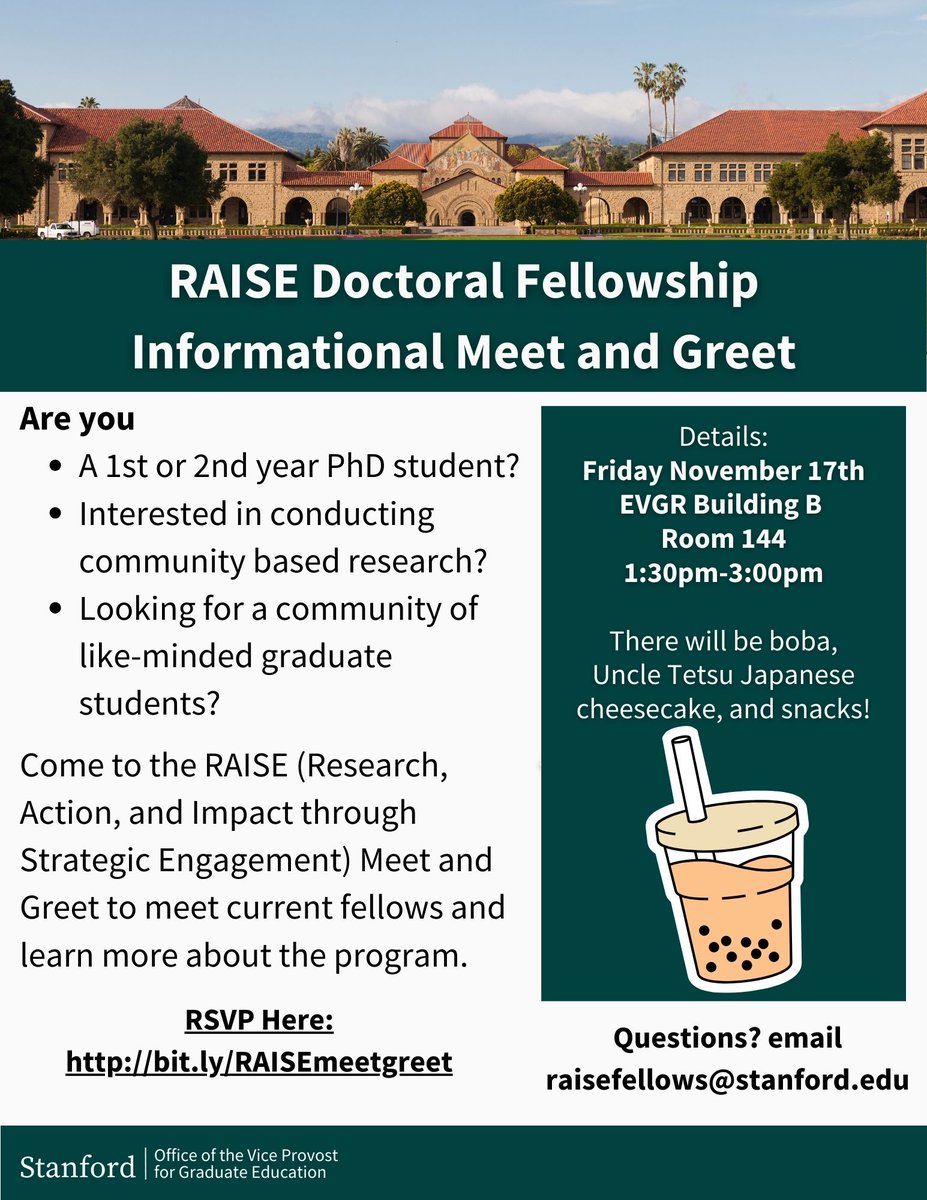 Are you a 1st or 2nd-year PhD student interested in community-based research? Join us for the RAISE Doctoral Fellowship Meet and Greet! Meet current fellows and enjoy boba &amp; Japanese cheesecake😁✨

WHEN: Nov 17, 1:30-3pm
WHERE: EVGR B, Rm 144
➡️RSVP: bit.ly/RAISEmeetgreet