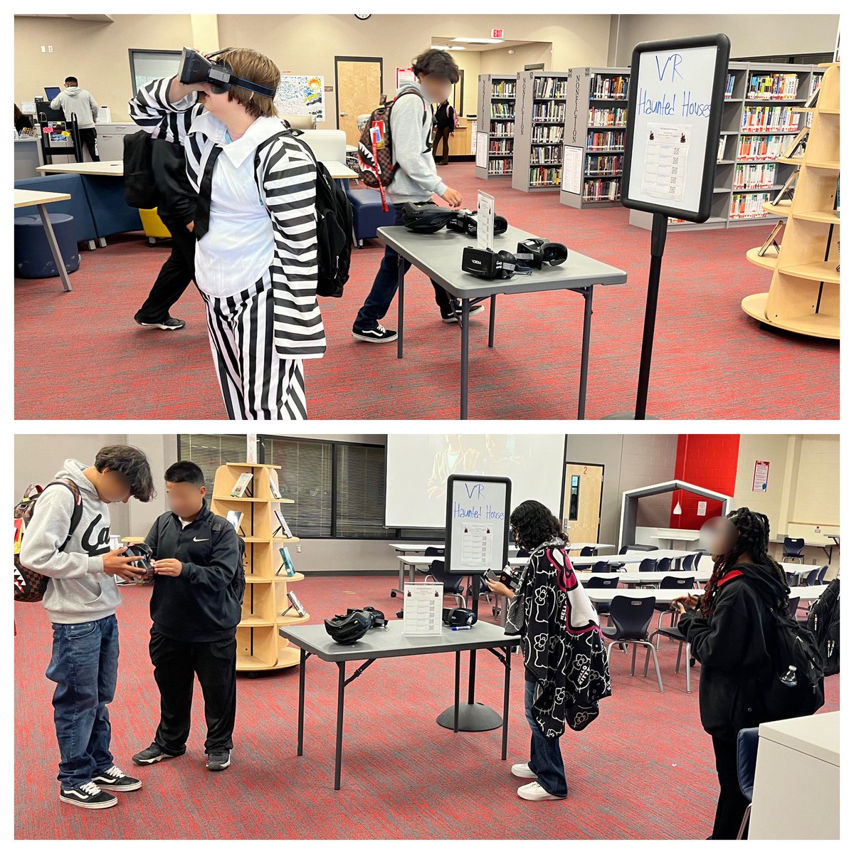 TaftHSLibrary's tweet image. VR haunted houses, mask making and candy for the ALE trick-or-treaters in the library today 🎃 Happy Halloween! 

#raiderslibrary 
@NISDLib