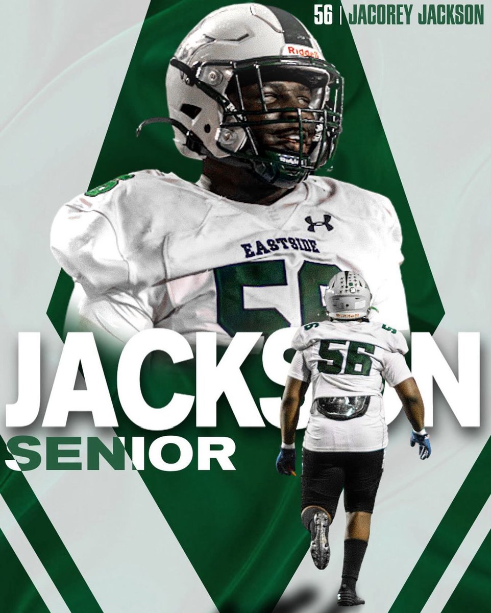 Senior Spotlight - <a href="/JacoreyJackso12/">Jacorey Jackson</a> 🦅

- Defense - 168 TOT Tckls | 5.8 T/G | 23 TFLs | 5.0 Sacks | 2 PDS | 2 FR | 3 Blk FGs 

Thank You For Your Hard Work &amp; Dedication! Eastside Family For Life!

<a href="/EHS_Eagles/">Eastside High School</a> <a href="/CovNewsSports/">𝘾𝙊𝙑𝙉𝙀𝙒𝙎 𝙎𝙋𝙊𝙍𝙏𝙎</a> <a href="/RecruitGeorgia/">Recruit Georgia</a> 

#WeBleedGreen🦅 #OurStandard