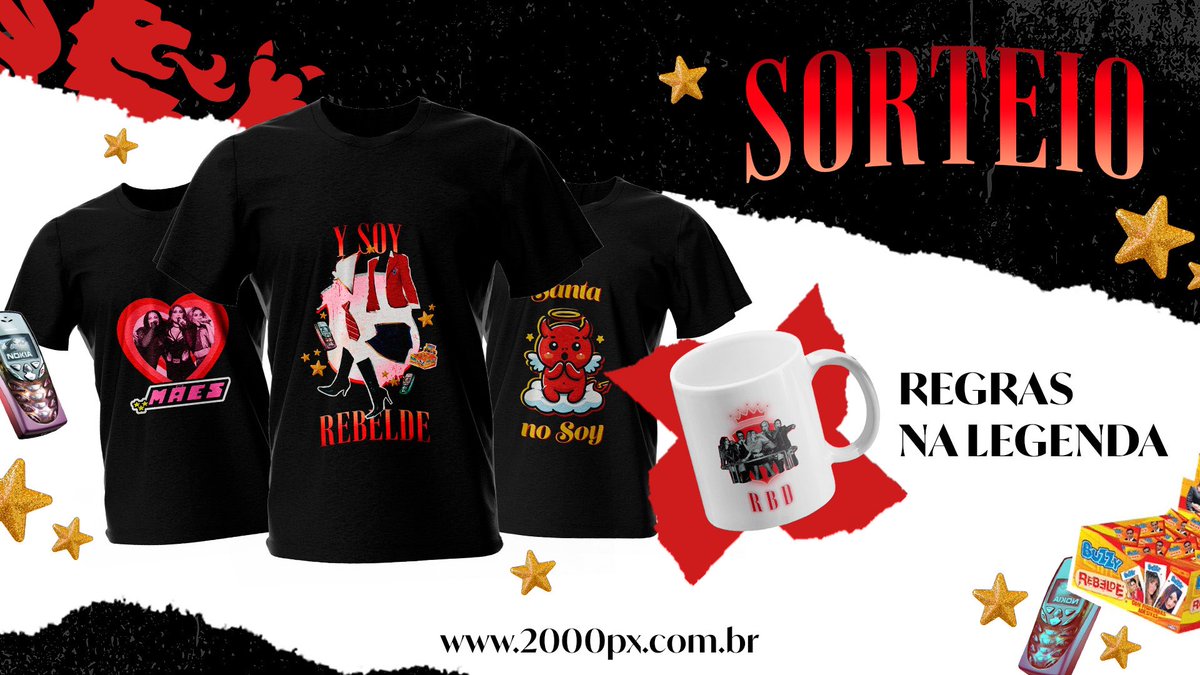 2000pxstore's tweet photo. Lá no nosso Insta tá rolando o sorteio de um kit do RBD com uma das nossas camisetas (à escolha) e uma caneca personalizada! Corre que é só até amanhã e a Soy Rebelde Tour está logo ali! https://t.co/rsinxR3kiO