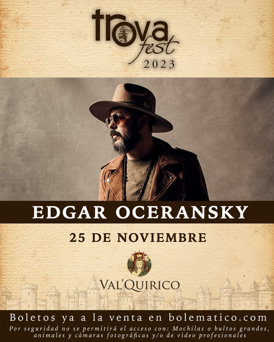 El Cantante y compositor mexicano, Edgar Oceransky, será  parte de este gran line up que se estará presentando  el  25 de noviembre en el  #TrovaFets2023 #Valquírico será la sede para la presentación del festival de Trova más importante de México.
<a href="/bachapromotora/">bacha promotora</a>