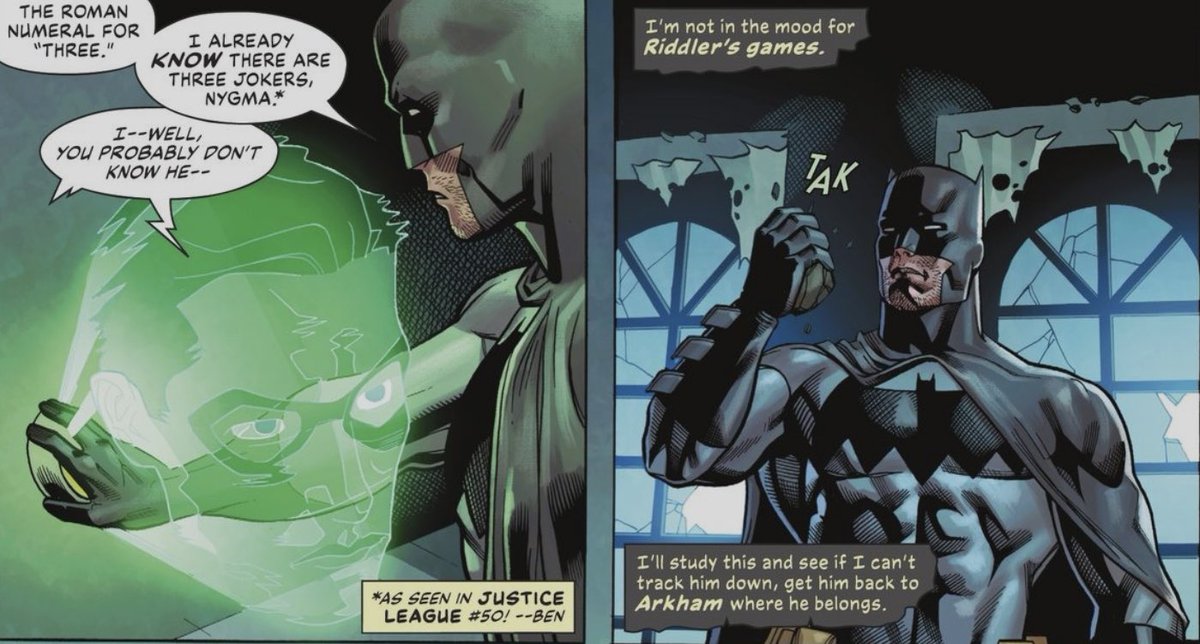 IVANISHEEL's tweet photo. I do not understand the need to drag the Three Jokers story into canon. Also when did they rebuild Arkham? Did all of this happen off panel and I just missed it? #GothamWar https://t.co/0pKZZzJKlb