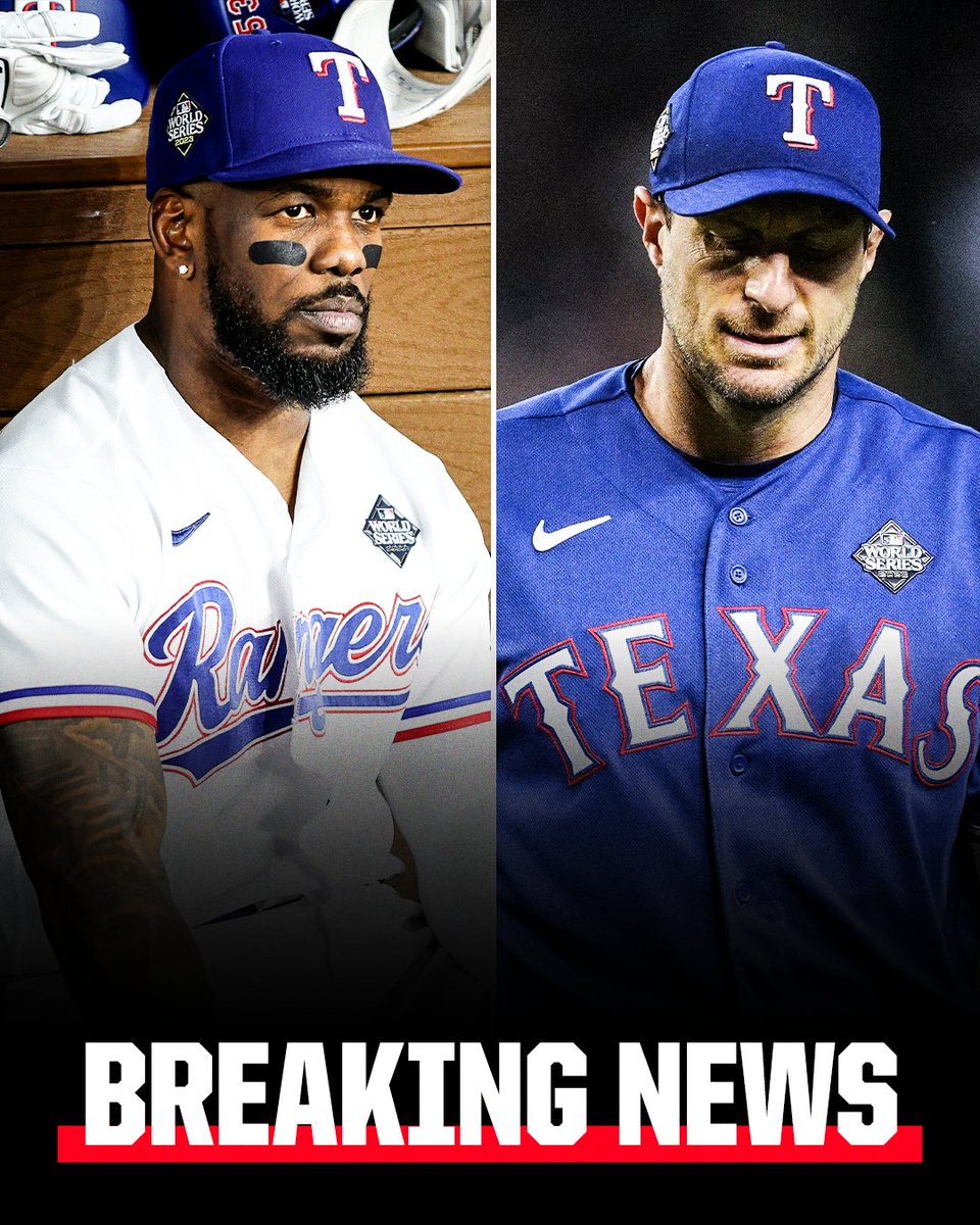 espn's tweet photo. Breaking: Adolis García and Max Scherzer have been removed from the Texas Rangers’ roster due to injuries and are out for the remainder of the World Series, the team announced Tuesday. https://t.co/xSDZ49zenO