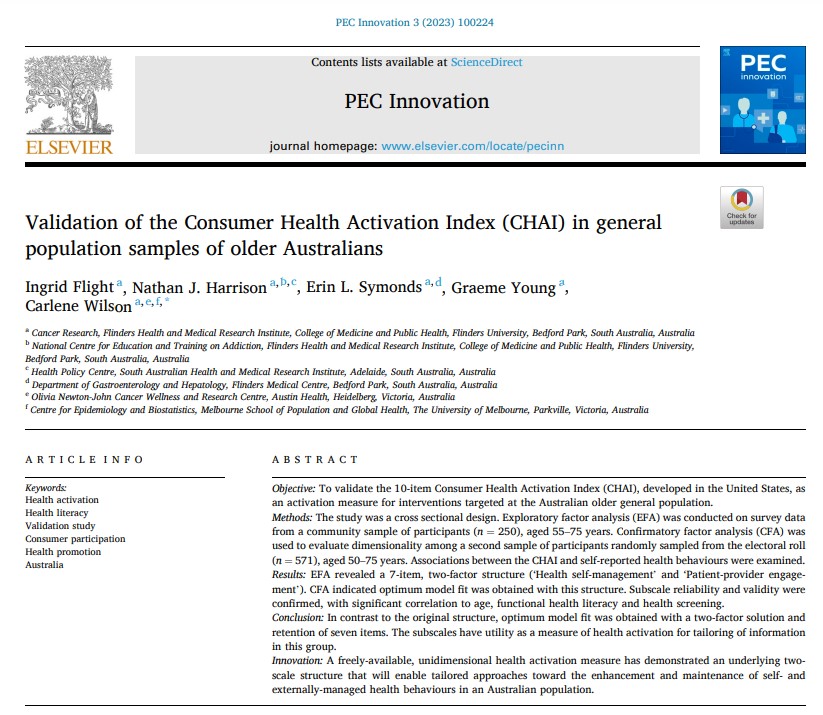 New @cancerFCIC paper 📰 Measuring health activation is critical for communicating. We looked at how a freely-available, theoretically-based measure  can be used in Australia, including links with check-ups and healthy behaviours 🏃‍♀️🍎🥕🚭 
Free to read:   doi.org/10.1016/j.peci…