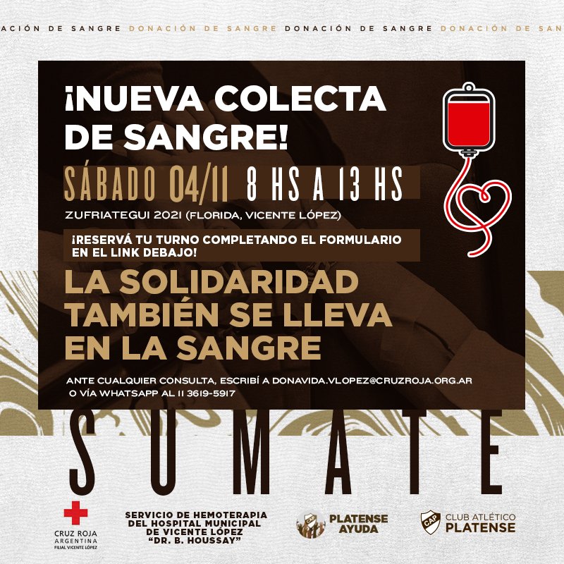 caplatense's tweet photo. 🩸 Colecta de sangre en casa 🙌

📌Este sábado 4 de noviembre, de 8 a 13 hs, podés acercarte a donar, en la sede social de Vicente López.

✅ Las condiciones para ser donante e inscribirte, aquí: https://t.co/elxpro1lts

#SiemprePlatense🤎 https://t.co/kjknh2F7f5