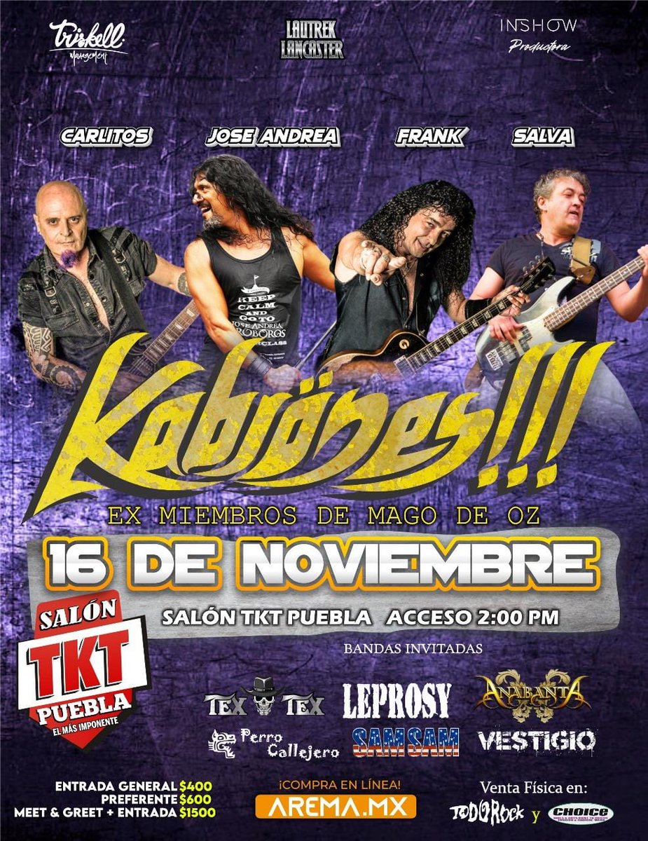 🎸Este 16 de noviembre se presentan en #concierto #puebla  Los  <a href="/Kabrones/">daniel</a> 
EX MIEMBROS DE #MAGODEOZ
🗓️ 16 de noviembre 
 📍 Salón TKT Puebla 
⏰ ACCESO 2:00 PM

🎟️Venta de boletos en línea por  sistema arema.mx  

<a href="/bachapromotora/">bacha promotora</a>