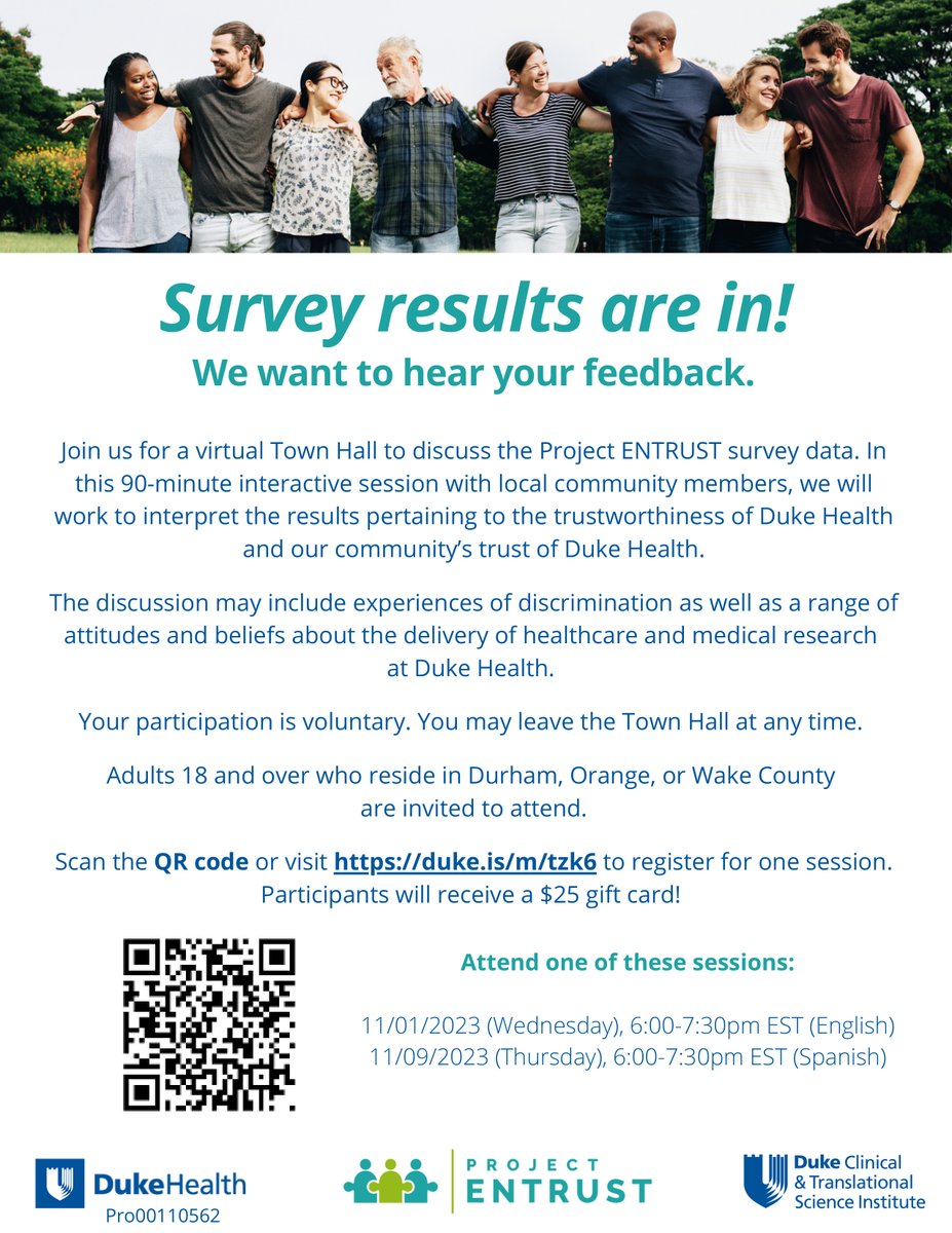 chealthc's tweet photo. Duke Health will be hosting a virtual town hall tomorrow 11/1/2023 at 6:00pm to discuss the Project Entrust survey data. Please use the link below or scan the QR code to access the meeting. https://t.co/HR0bQaNiDv