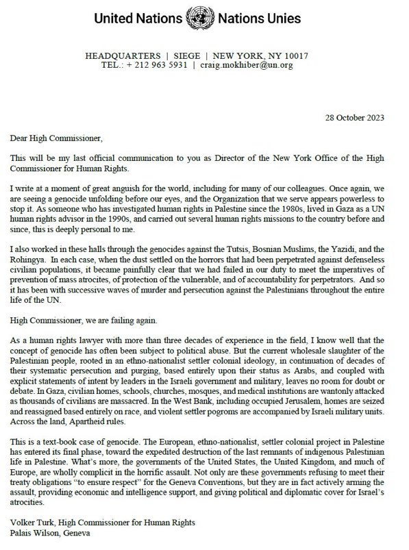 LuzGomezGar's tweet photo. Un documento único por su valentía y valor histórico: carta de dimisión de Craig Mokhiber (dir. oficina en NY del Alto Comisionado de ONU para Derechos Humanos): el genocidio de Gaza es tan evidente como el fracaso de la ONU y la complicidad activa de EEUU y buena parte de Europa https://t.co/bFsZDmryDN