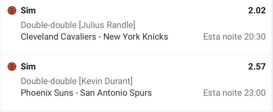 Confiando muito no Double-double do Julius Randle pra esse Cavaliers x Knicks, e inclusive a odd já despencou. Peguei individual a @ 2.40 e enquanto decidia se ia duplar com alguma outra entrada, caiu pra @ 2.02 🥺

Final das contas arrisquei juntar com o do Kevin Durant. Será?🤞🏼