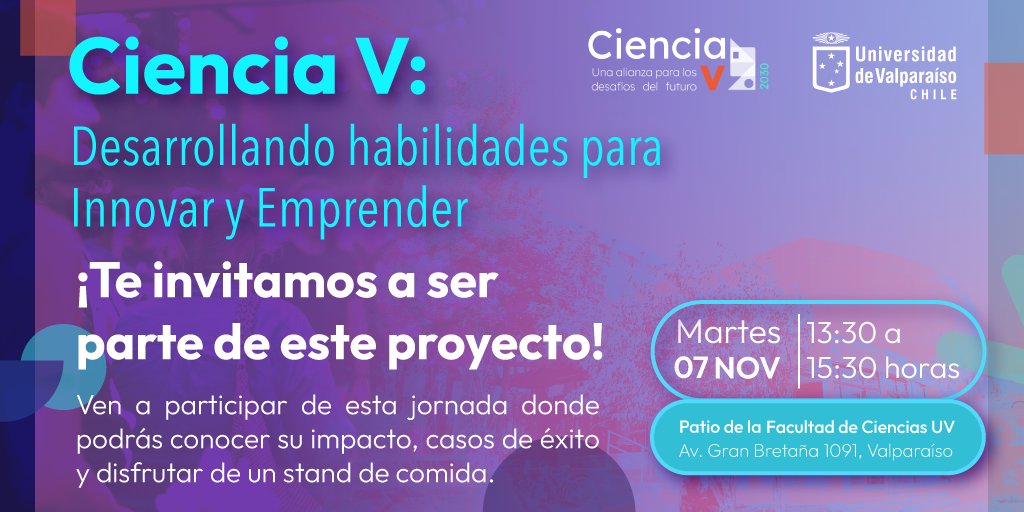 ¡A nuestros estudiantes del #CampusPlayaAncha y #Facimar de la <a href="/uvalpochile/">Universidad de Valparaíso</a>!
🎉 No te pierdas este jueves 07/11 desde las 13:30 hrs en el Patio de la Facultad de Ciencias una entretenida actividad que tenemos preparada para todos ustedes.
Inscripciones en forms.gle/vdFmzXW8NgPtS7…