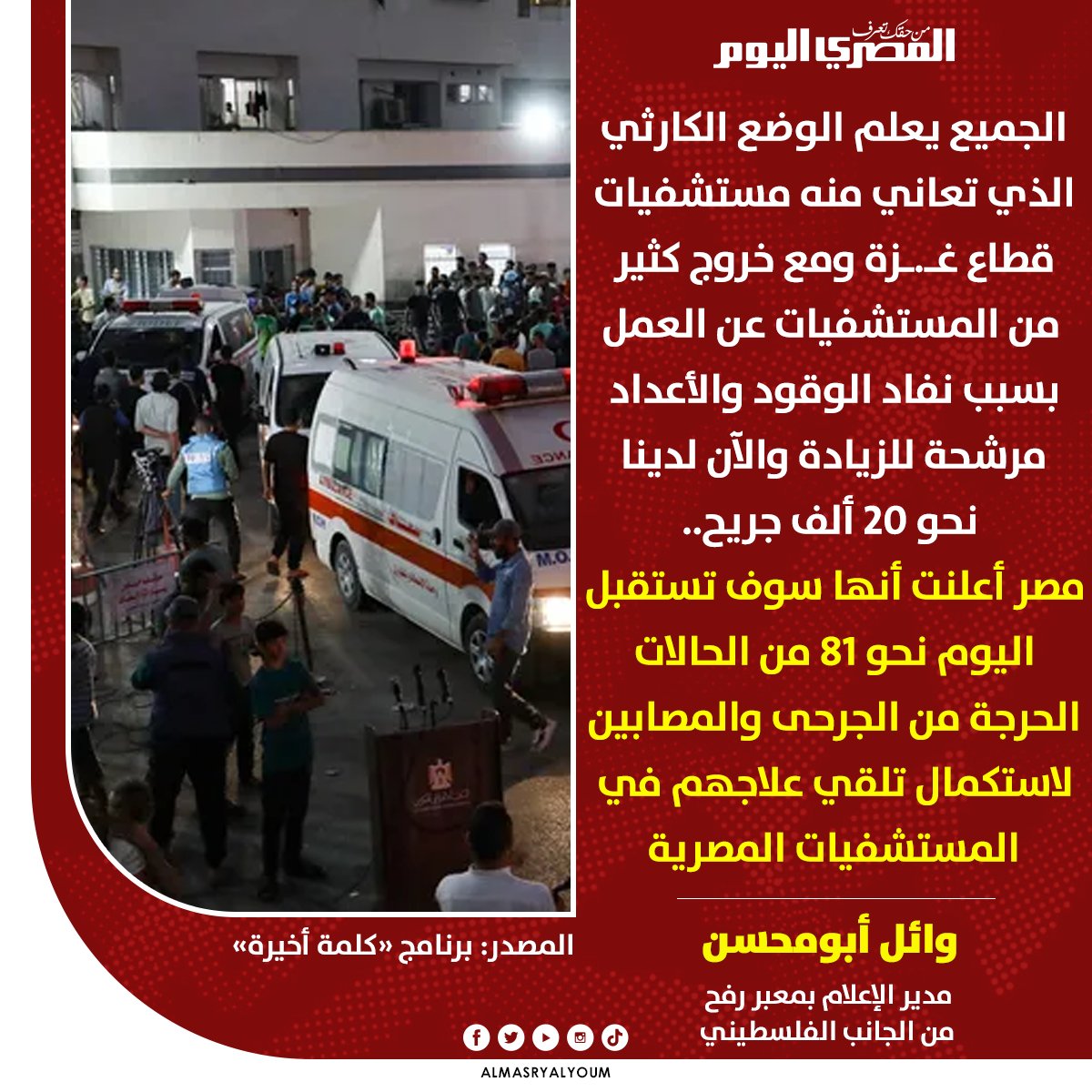 AlMasryAlYoum's tweet photo. #وائل_أبومحسن: #مصر أعلنت أنها سوف تستقبل اليوم نحو 81 من الحالات الحرجة من الجرحى والمصابين لاستكمال تلقي علاجهم في المستشفيات المصرية https://t.co/9kvu4OpwJY