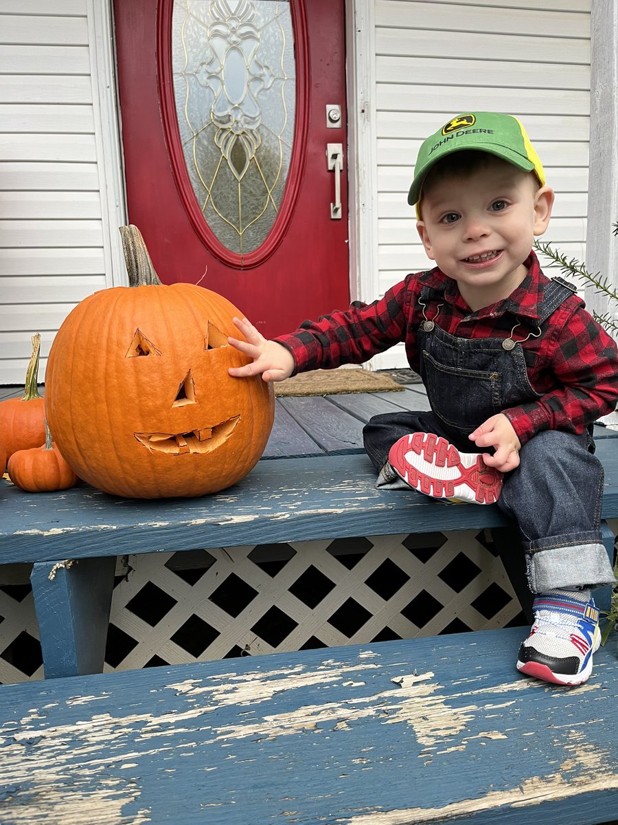 Farmer Chase had a little lamb. 
Its fleece was white as snow. 
Everywhere that Chaser went, 
That lamb was sure to slump over because she’s not good at holding her head up yet. 😅

Also Chase helped carve a pumpkin!