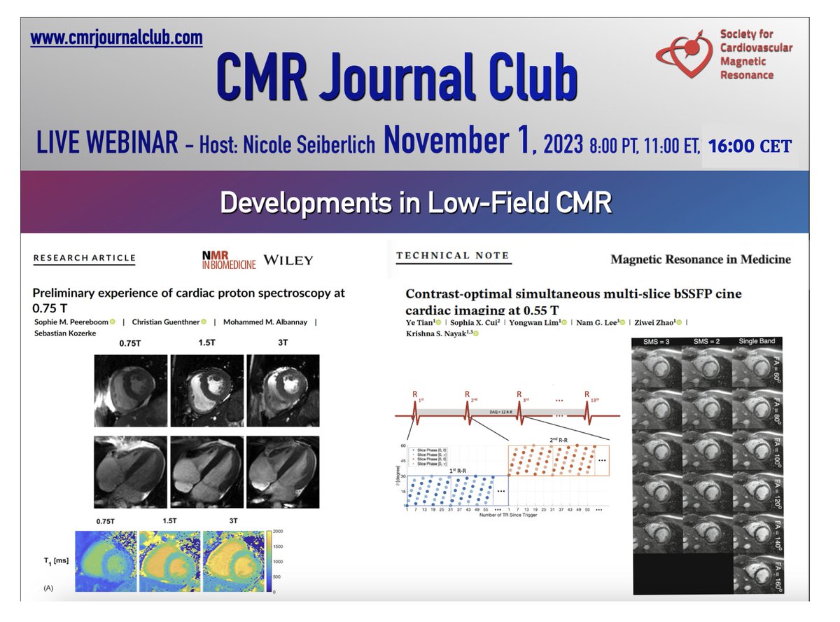 Less than 24 hours until the next CMR Journal Club, 'Developments in Low-Field CMR'! Note the time change for those who experienced a time shift this past weekend!! 8 PT / 11 ET / 15 GMT / 16 CET Please rt @SCMRorg @mgwfriedrich @ACampbell_MRI @Mstuber_MRI @opsimo @MRI_CPrieto