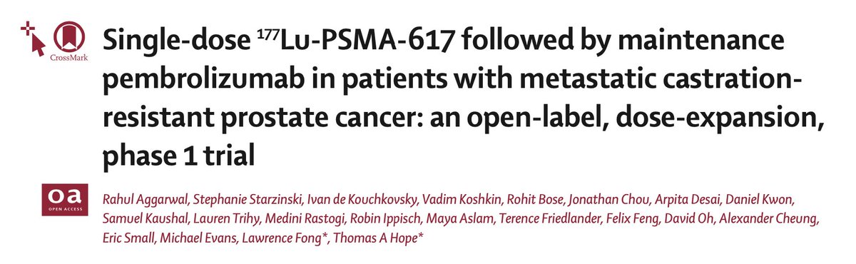 So excited to to finally see our trial of combining check point inhibitors (pembrolizumab) with a single dose of 177Lu-PSMA-617 finally get published in @TheLancetOncol. Great team work @UCSFCancer. Amazing PSA50 (56%) and duration of response with a single dose of RLT!