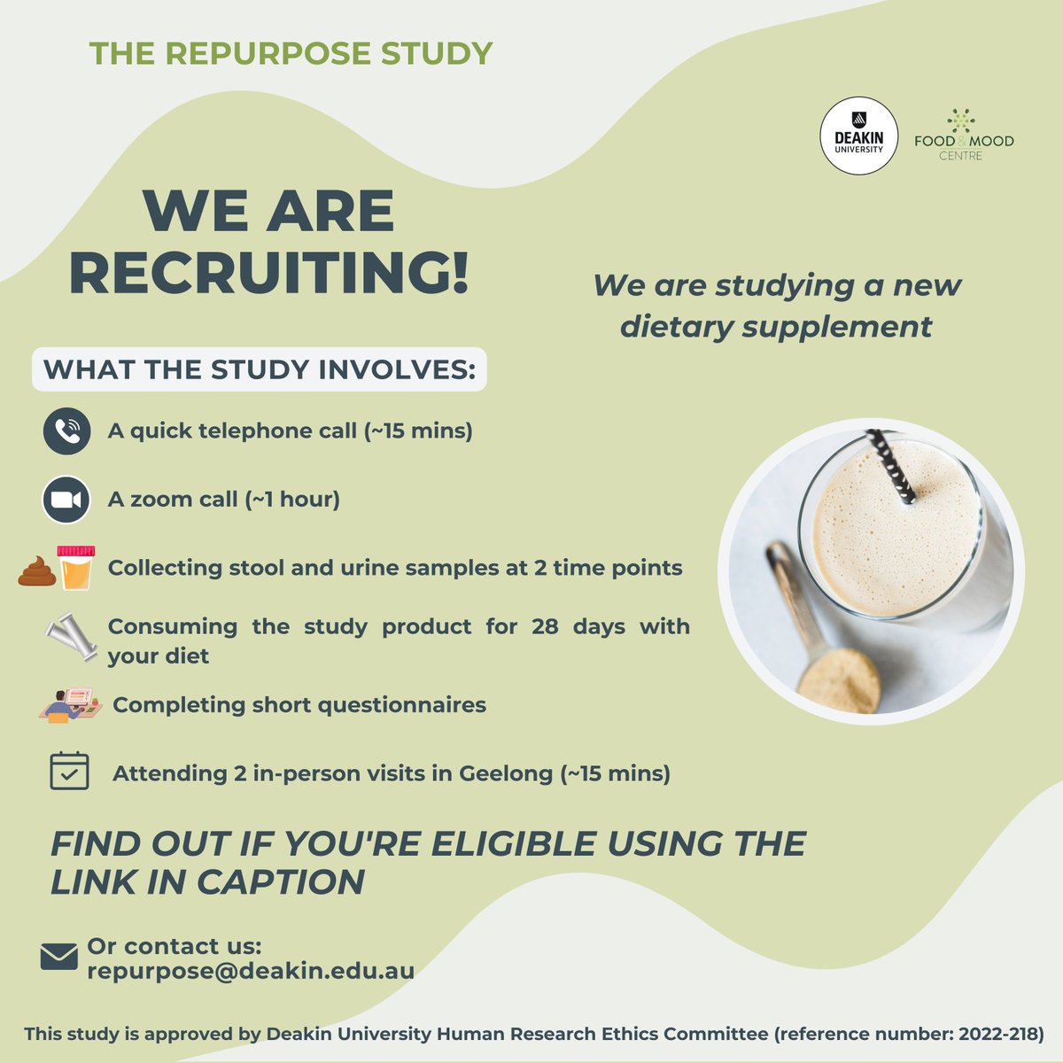 We are recruiting for a dietary supplement study! You may be eligible if you are a healthy person 18-65y and willing to do a 5 week study, which involves taking a supplement, completing questionnaires &amp; collecting stool &amp; urine samples. To participate: redcap.deakin.edu.au/surveys/?s=HXT…