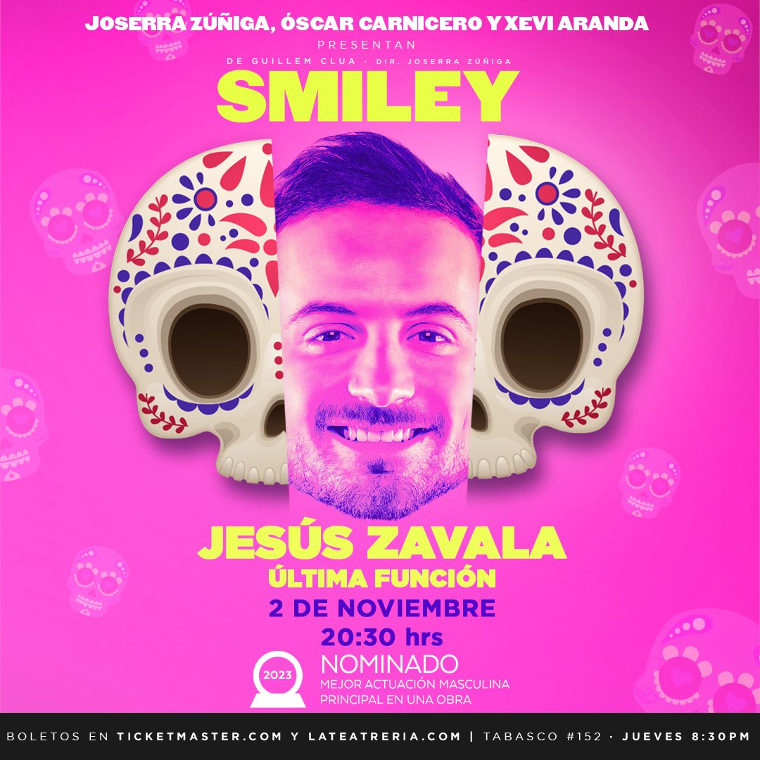 El nominado a @losmetromx, @JesusZavala_MX, se despide del personaje de Bruno. 😃 Última oportunidad de que tu hilo rojo conecte con el camino de este gran actor en #SMILEY. Jueves 2 de noviembre a las 8:30 PM.❤️ Boletos en taquillas de #LaTeatreria y bit.ly/SmileyOC🎫