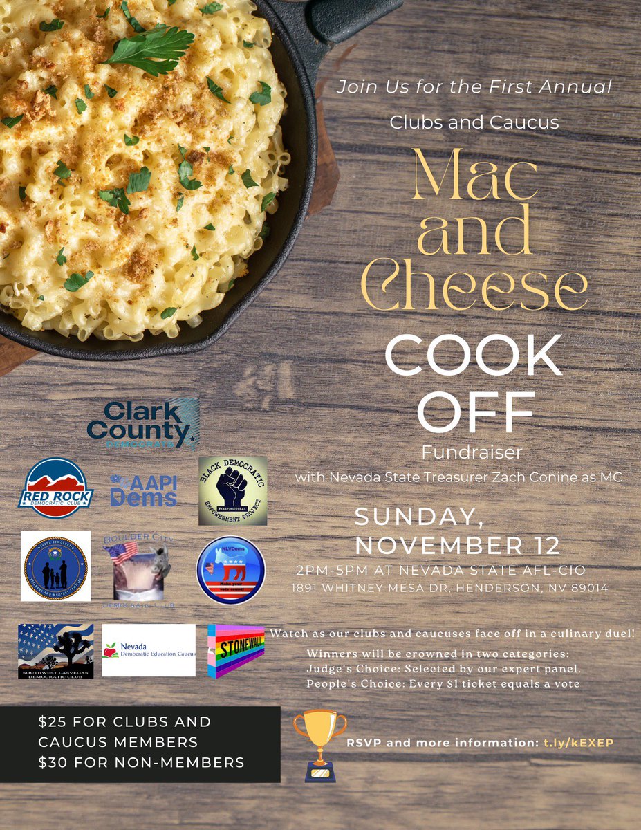 Have you heard? We’re hosting a Mac and Cheese fundraiser on Sunday, November 12! 

Come taste dishes prepared by Democratic clubs and caucuses, and then vote for the best one! 

If that’s not enough, Treasurer <a href="/ZConine/">Zach Conine</a> will be emceeing! 

RSVP @ secure.actblue.com/donate/clarkco…