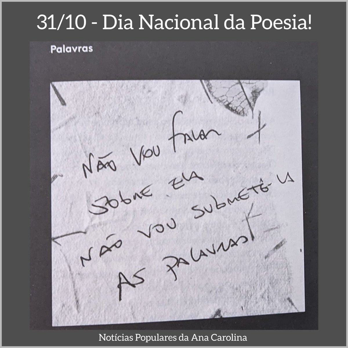 31 de Outubro – Dia Nacional da Poesia
══
'Não vou falar
Sobre ela
Não vou submetê-la
As palavras.'

- da Poesia 'Palavras' do livro 'Ruído Branco' da @sigaanacarolina ... 🌹 
══
Foto do #Livro #RuídoBranco
#Poesia #Palavras
#DiaNacionaldaPoesia #UmRuídoBrancoPraTodoMundo