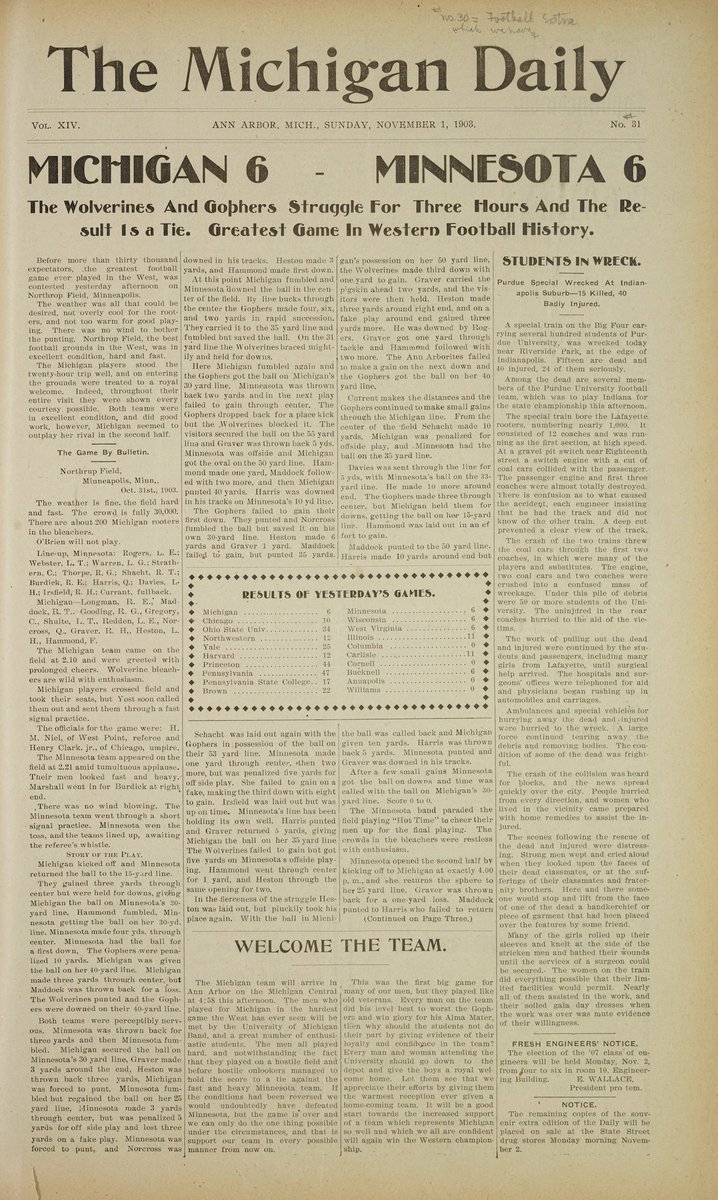 theblockm's tweet photo. #TodayInMichiganHistory: On this day 120 years ago, coach Fielding Yost's “point-a-minute” @UMichFootball team tied @GopherFootball, marking its first non-win in his three years. A water jug left behind by the Wolverines would later become the sport's oldest rivalry trophy. https://t.co/qfkYSwtfhg