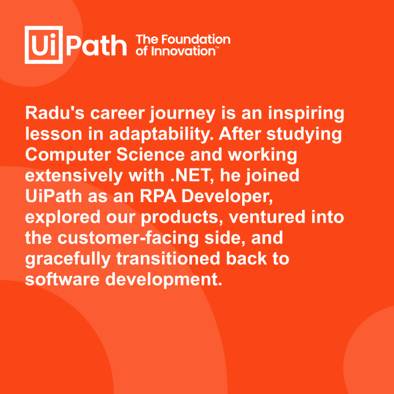 UiPath's tweet photo. Meet Radu Bucur, one of our Software Engineers in Bucharest. Outside of work, he's a lifelong learner who enjoys reading, old cinema, &amp; sports. 🎥📚 #HumansOfUiPath https://t.co/cdmtkCflbu