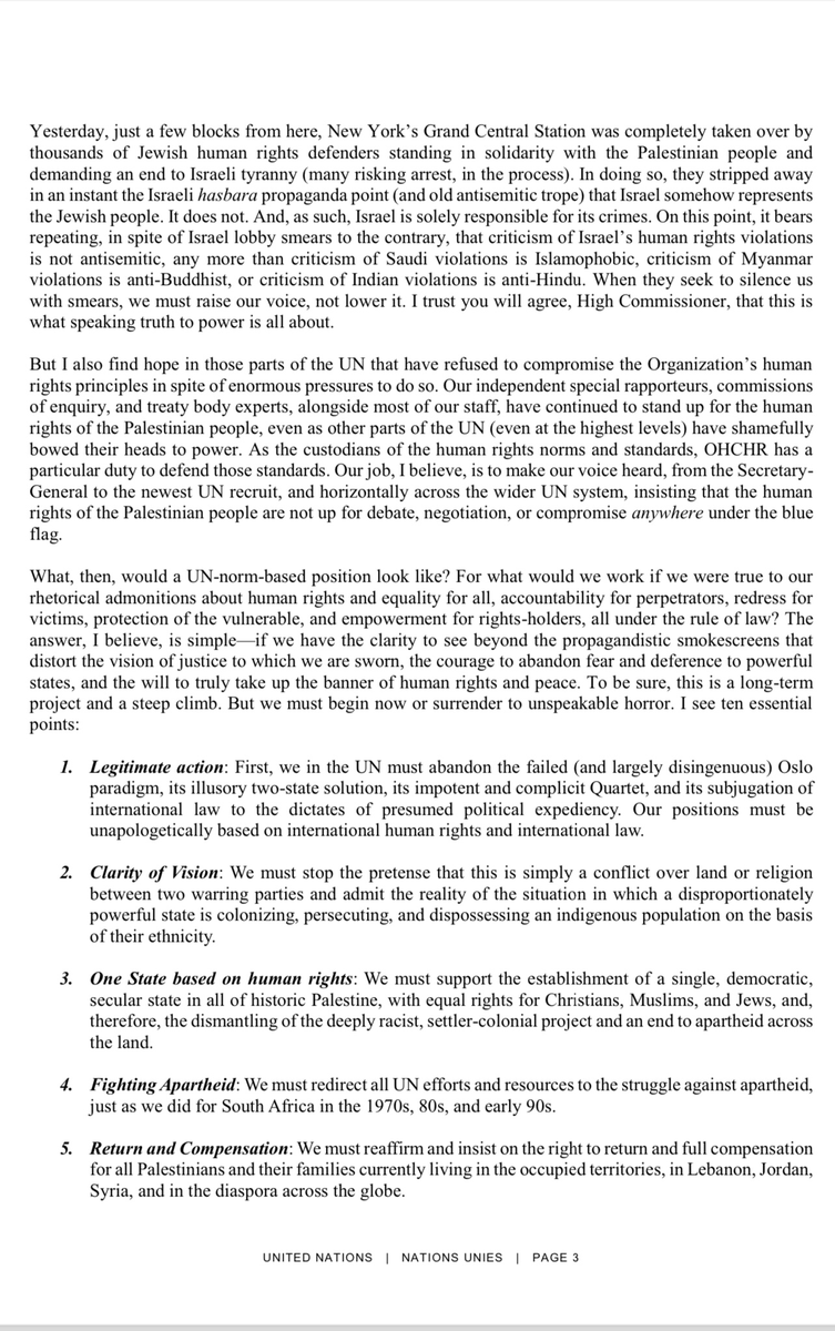 MigunaMiguna's tweet photo. Unparalleled eloquence and bravery in the face of Western and UN COMPLICITY in Apartheid Israel's GENOCIDE against Palestinians.

Mr. @CraigMokhiber RESIGNS from the clueless @UN. 
With courageous people like Mokhiber, there is hope for humanity.

"As a human rights lawyer with more than three decades of experience in the field, I know well that the concept of genocide has often been subject to political abuse. But the current wholesale slaughter of the Palestinian people, rooted in an ethno-nationalist settler colonial ideology, in continuation of decades of their systematic persecution and purging, based entirely upon their status as Arabs, and coupled with explicit statements of intent by leaders in the Israeli government and military, leaves no room for doubt or debate. In Gaza, civilian homes, schools, churches, mosques, and medical institutions are wantonly attacked as thousands of civilians are massacred. In the West Bank, including occupied Jerusalem, homes are seized and reassigned based entirely on race, and violent settler pogroms are accompanied by Israeli military units. Across the land, Apartheid rules."