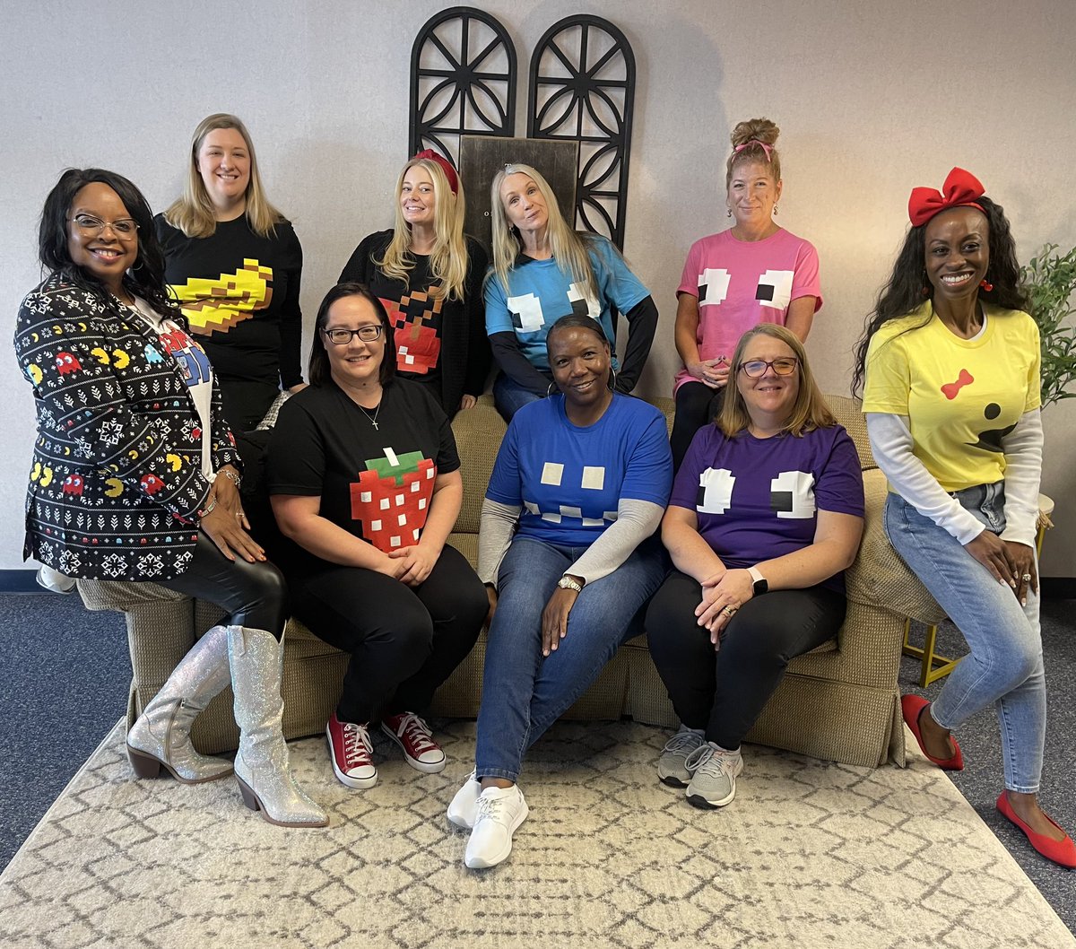 AP_ReedElem's tweet photo. The Reed office crew brought Pac-Man to life today!  🍒🍓🍌@Reed_Elementary https://t.co/bIzIgwBV0O