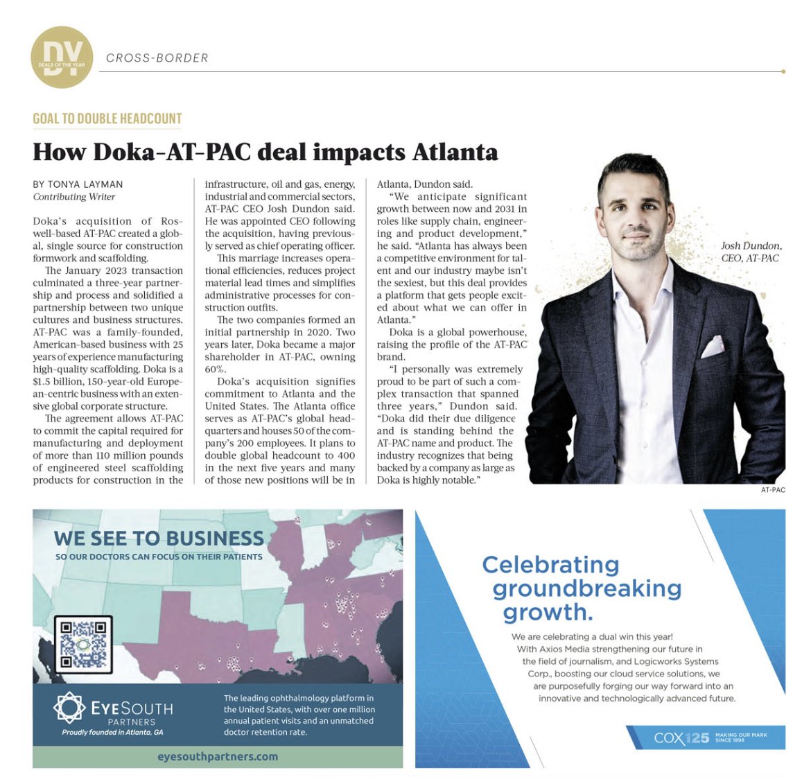JoshDundon's tweet photo. This week AT-PAC was featured in the @AtlBizChron Deals of The Year Awards segment. Read more here https://t.co/7V2fGL2fjH https://t.co/uUNTxJDsEX