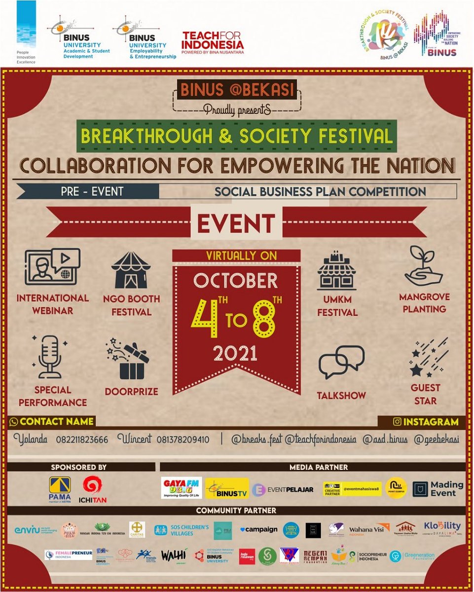 Halo Breaks Fester!!!👋

Pandemi belum juga berlalu, namun semangat kami tak pernah lusuh.

Dengan terobosan yang lebih kreatif, warna yang lebih menarik dan tampilan yang lebih segar! Kita hadir kembali dengan nama Breakthrough &amp; Society Festival a.k.a Breaks Fest!

#Breakfest