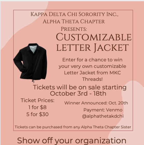 uhdkdchi's tweet photo. Don’t Forget to get your tickets! Enter for a chance to win a customizable Letter Jacket with a value of up to $200!!! 🤩🤩 #kdchi #kdchiscr https://t.co/ZC5nyqP9Rl