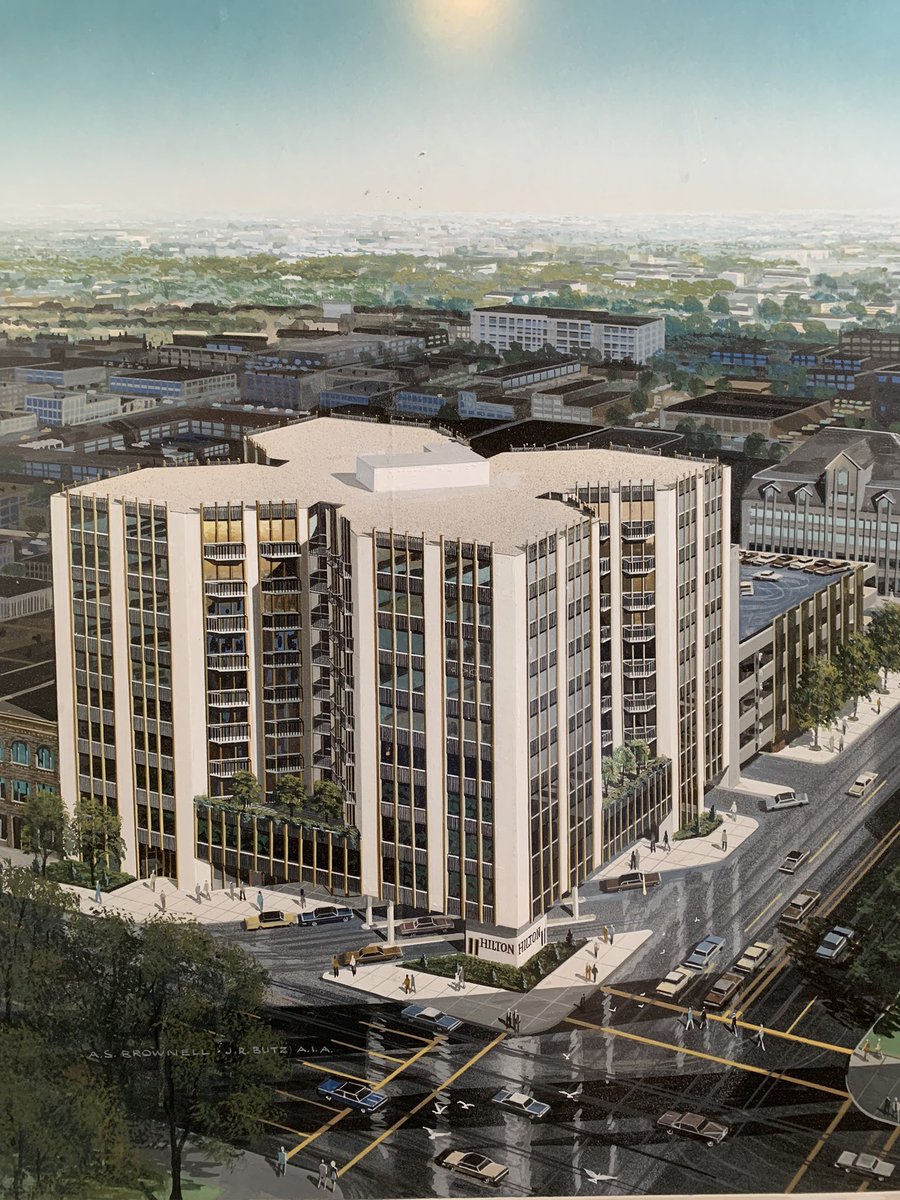 Sometimes, the things that don’t get built are just as interesting as those that do. This 1970s proposal for a <a href="/hilton/">Hilton</a> hotel was to be built at the northwest corner of Rose Street and W. Michigan Avenue where <a href="/plazacorprealty/">PlazaCorp Realty</a> offices are now. #downtownkalamazoo #unbuilt #urbanism