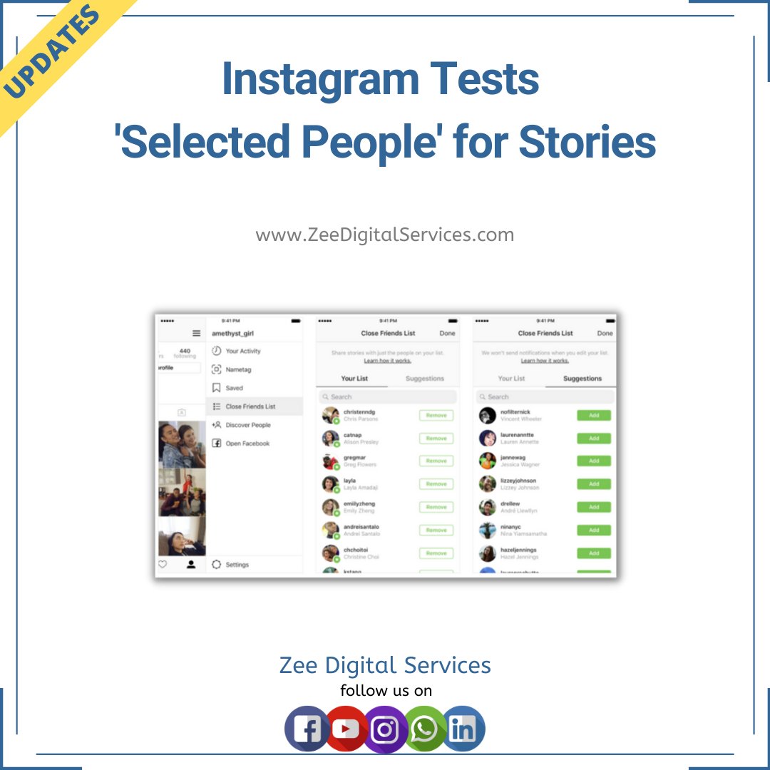 Zee_Digital_Ser's tweet photo. Instagram Tests 'Selected People' for Stories, Providing More Control Over Your Stories Audience

If you like 👍 Digital Marketing 📢 then follow ✅ us &amp; never miss any updates 🔔

Pls share 📲

#digitalmarketingupdates #ZeeDigitalServices #socialmediaupdates #socialmediamarketin https://t.co/RTiOgcWCfM